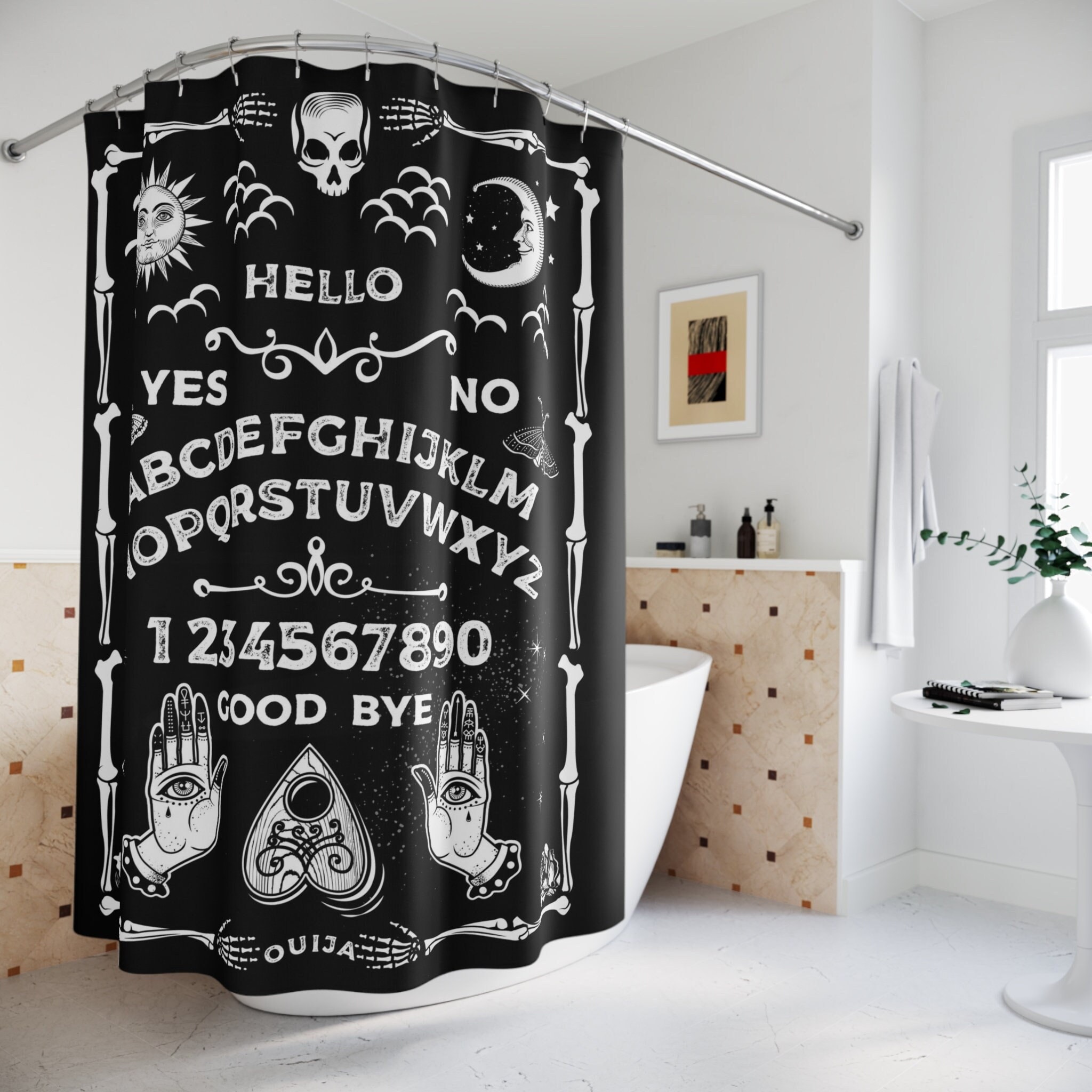 Gothic Ouija Board Shower Curtain with Skeleton Moth and Creepy Spooky Decor