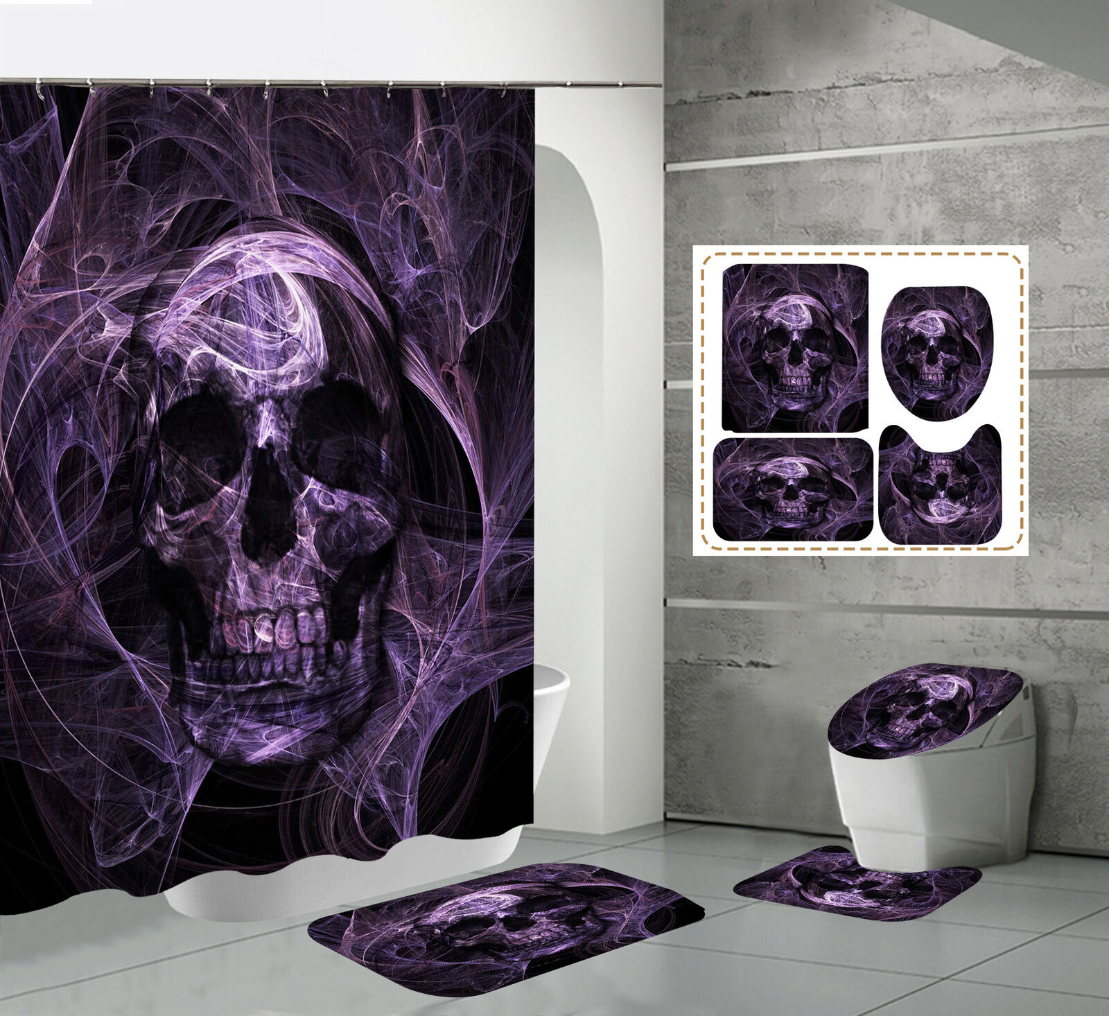 Gothic Purple Skeleton Skull Print Shower Curtain Set for Unique Bathroom Decor