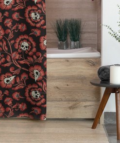 Gothic Red & Black Damask Bones Floral Shower Curtain - Victorian Skull Design
