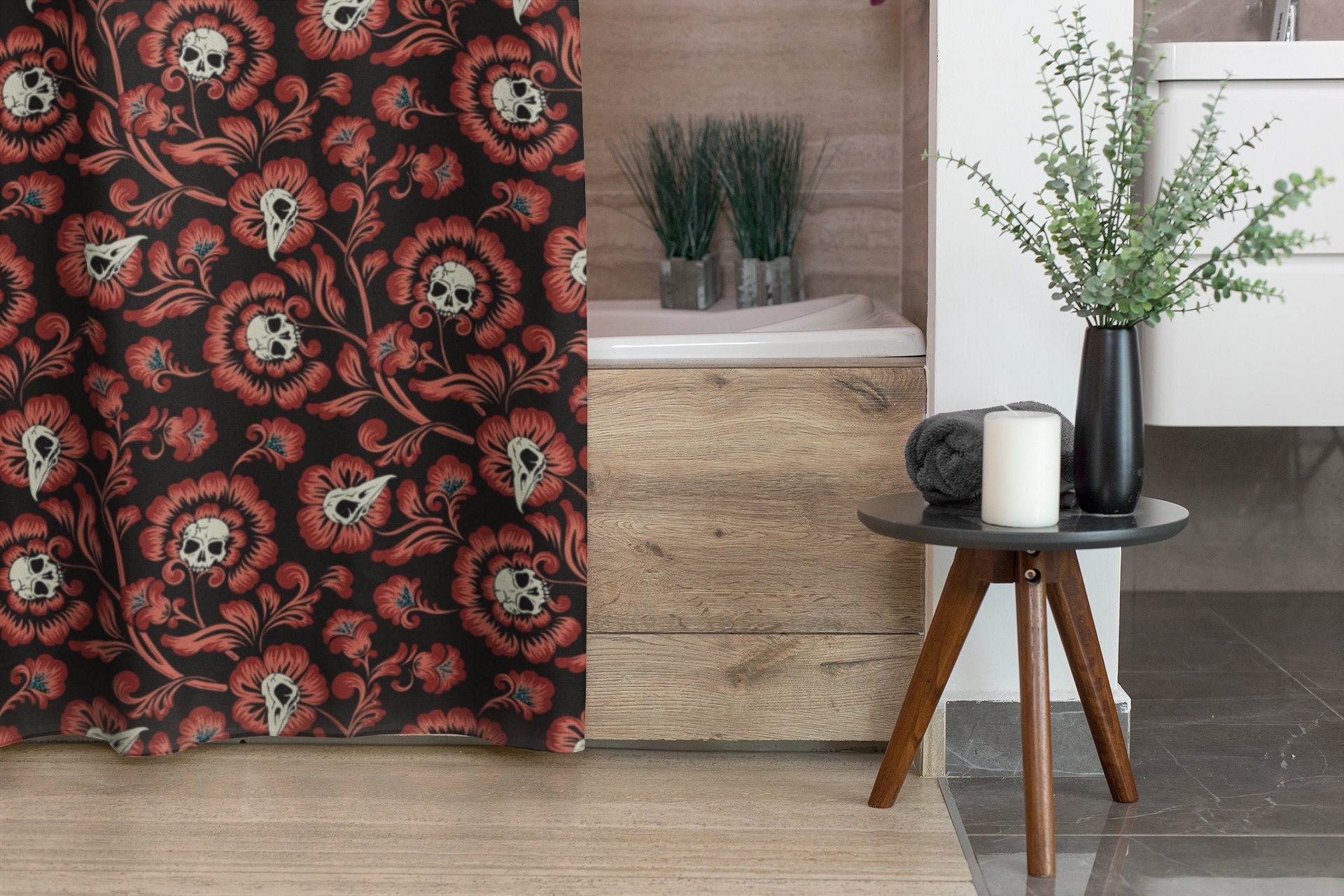 Gothic Red & Black Damask Bones Floral Shower Curtain - Victorian Skull Design