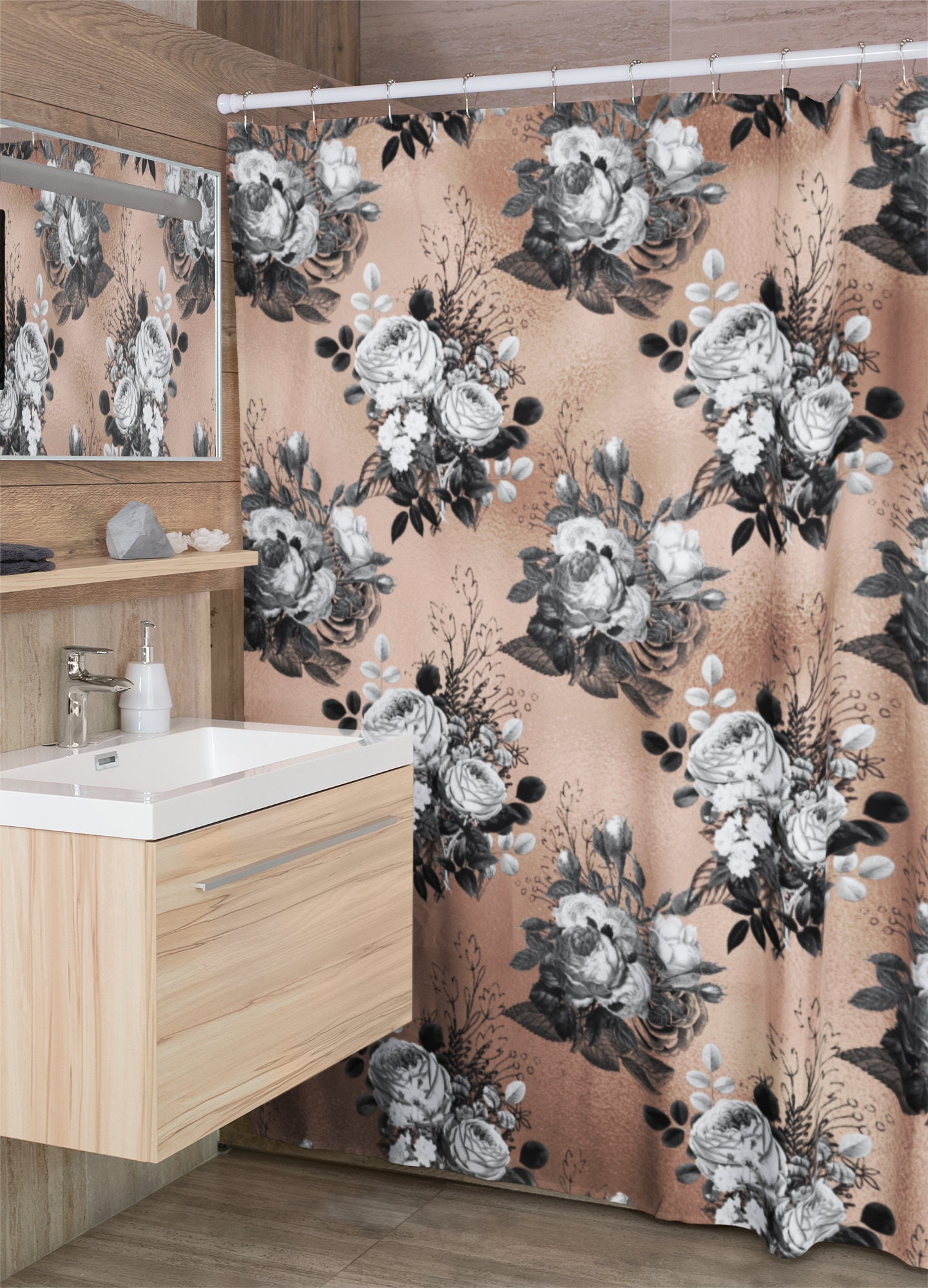 Gothic Rose Gold Shower Curtain Set, Mysterious Bathroom Decor With Intriguing Design