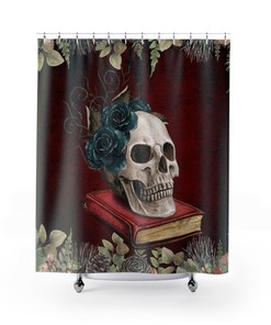 Gothic Roses And Skull Head Tattoo Shower Curtain For Horror Bathroom Decor