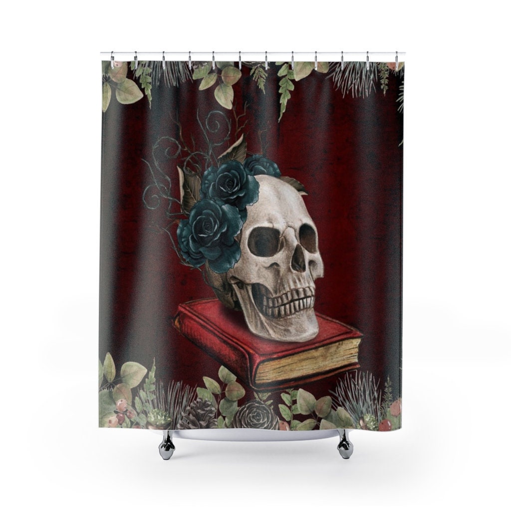 Gothic Roses And Skull Head Tattoo Shower Curtain For Horror Bathroom Decor