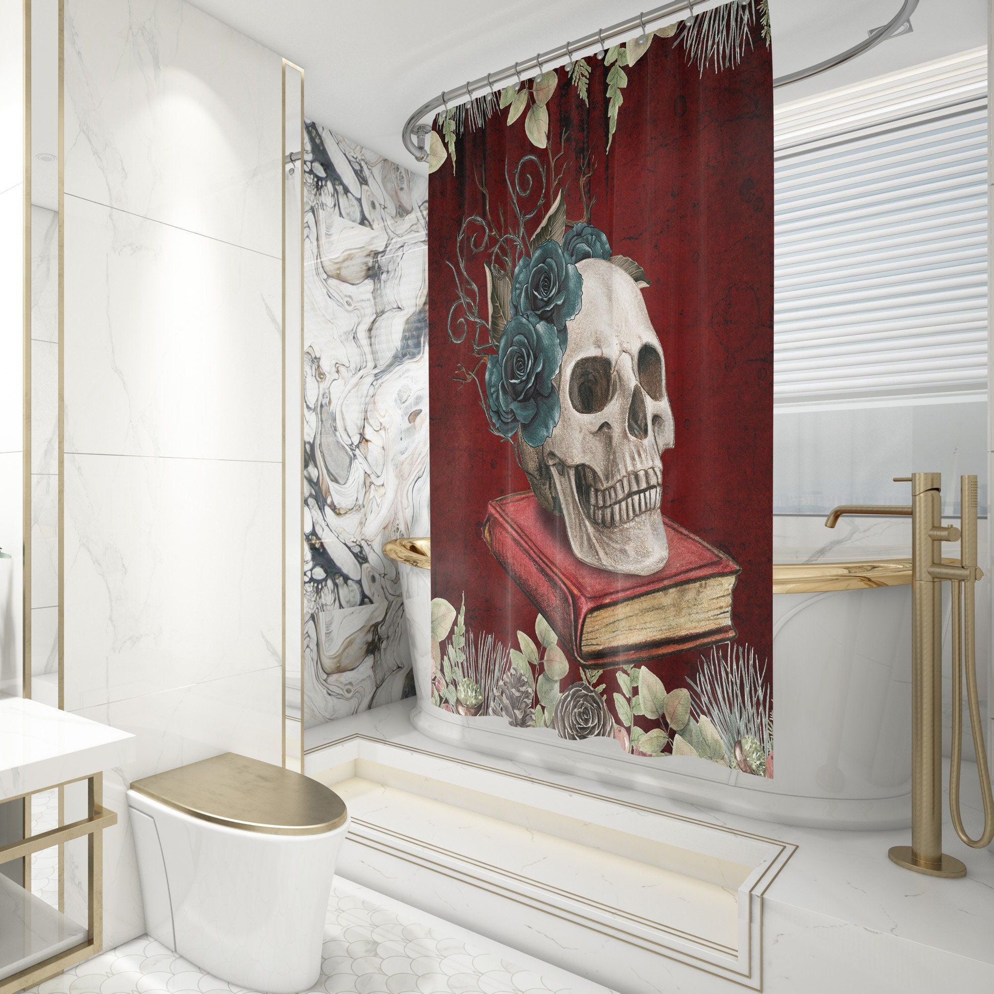 Gothic Roses And Skull Head Tattoo Shower Curtain For Horror Bathroom Decor