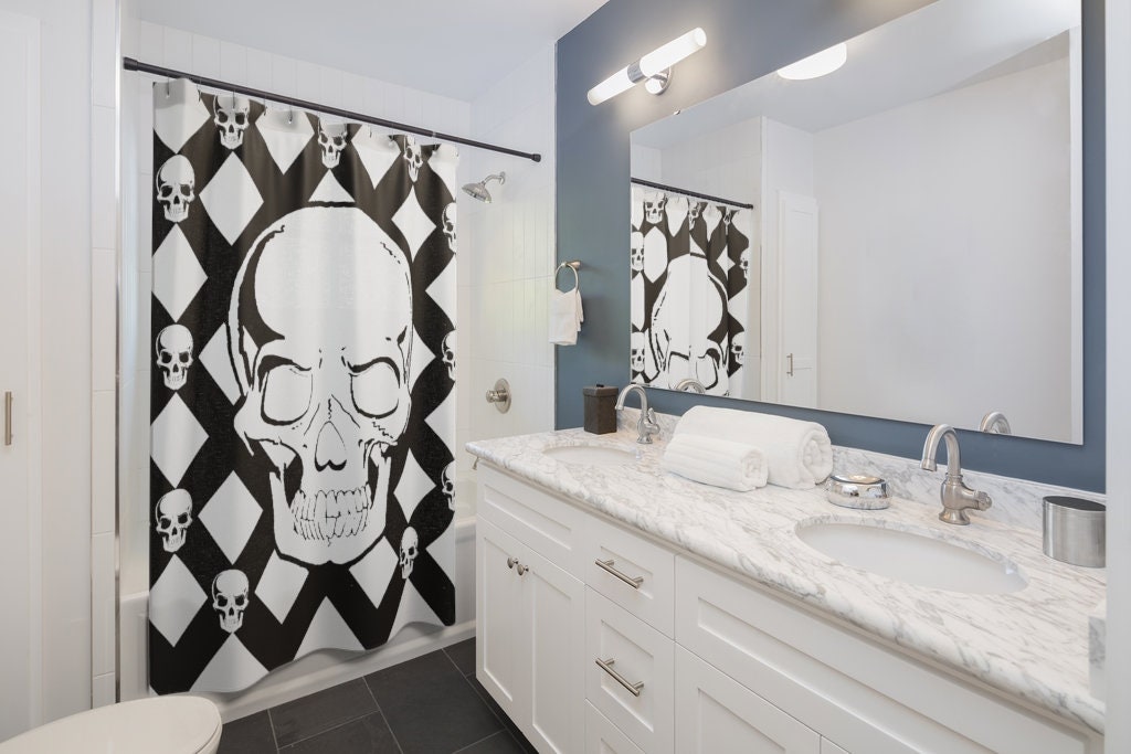 Gothic Sketches Skull Fabric Shower Curtain - Gothic Skull Bathroom Decor