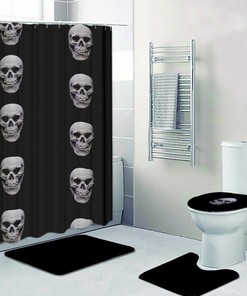 Gothic Skull Bathroom Decor Set With Black Pattern, 4 Pieces For Bathroom Accessories And Shower Curtain Design