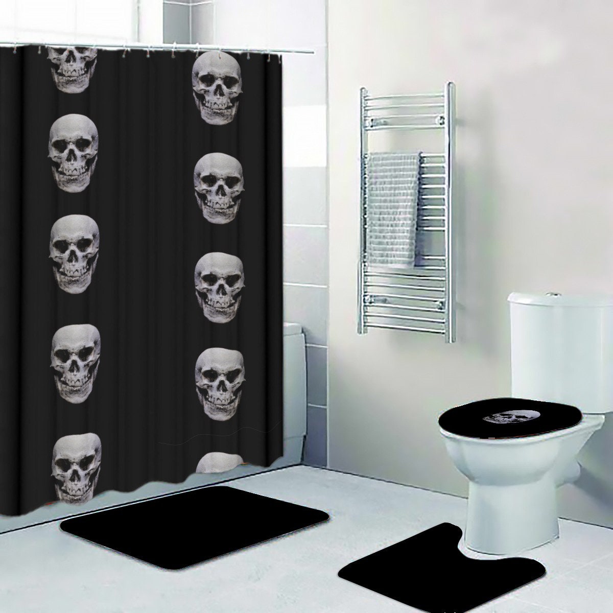 Gothic Skull Bathroom Decor Set With Black Pattern, 4 Pieces For Bathroom Accessories And Shower Curtain Design