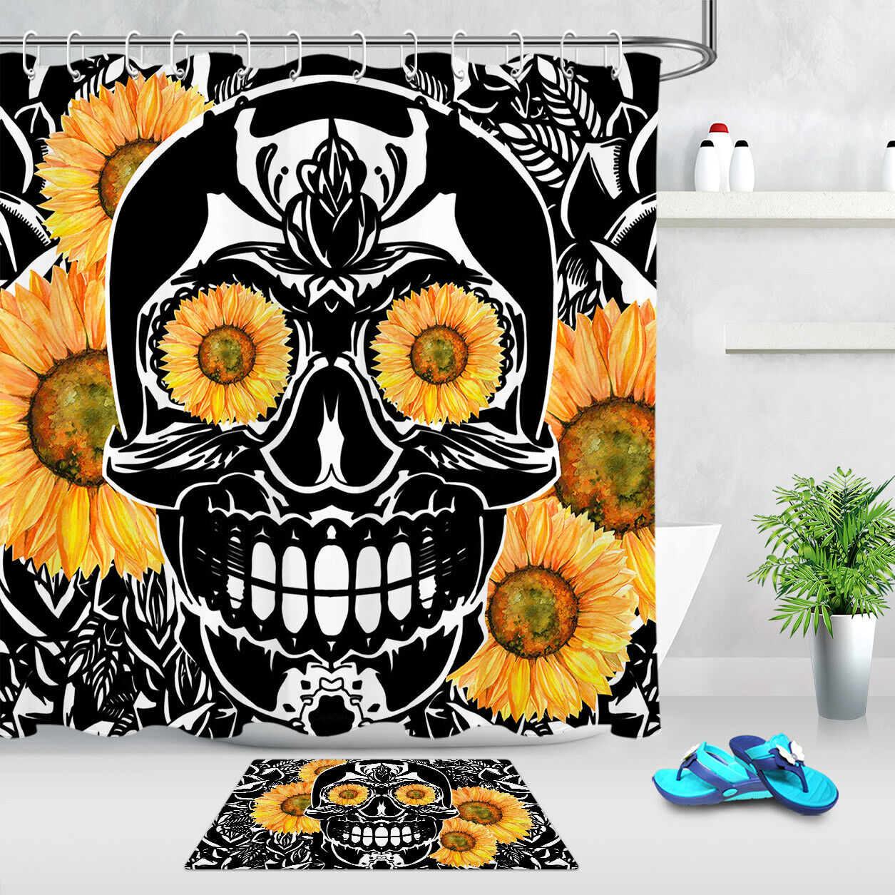Gothic Skull With Sunflowers Waterproof Shower Curtain For A Creative And Edgy Bathroom