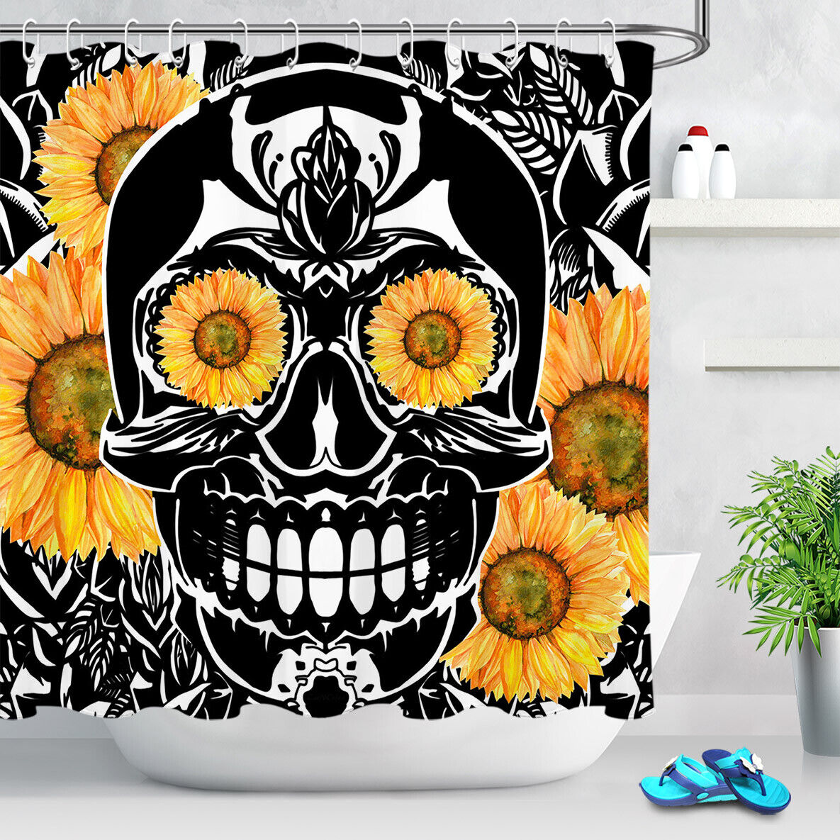 Gothic Skull With Sunflowers Waterproof Shower Curtain For A Creative And Edgy Bathroom - Image 2