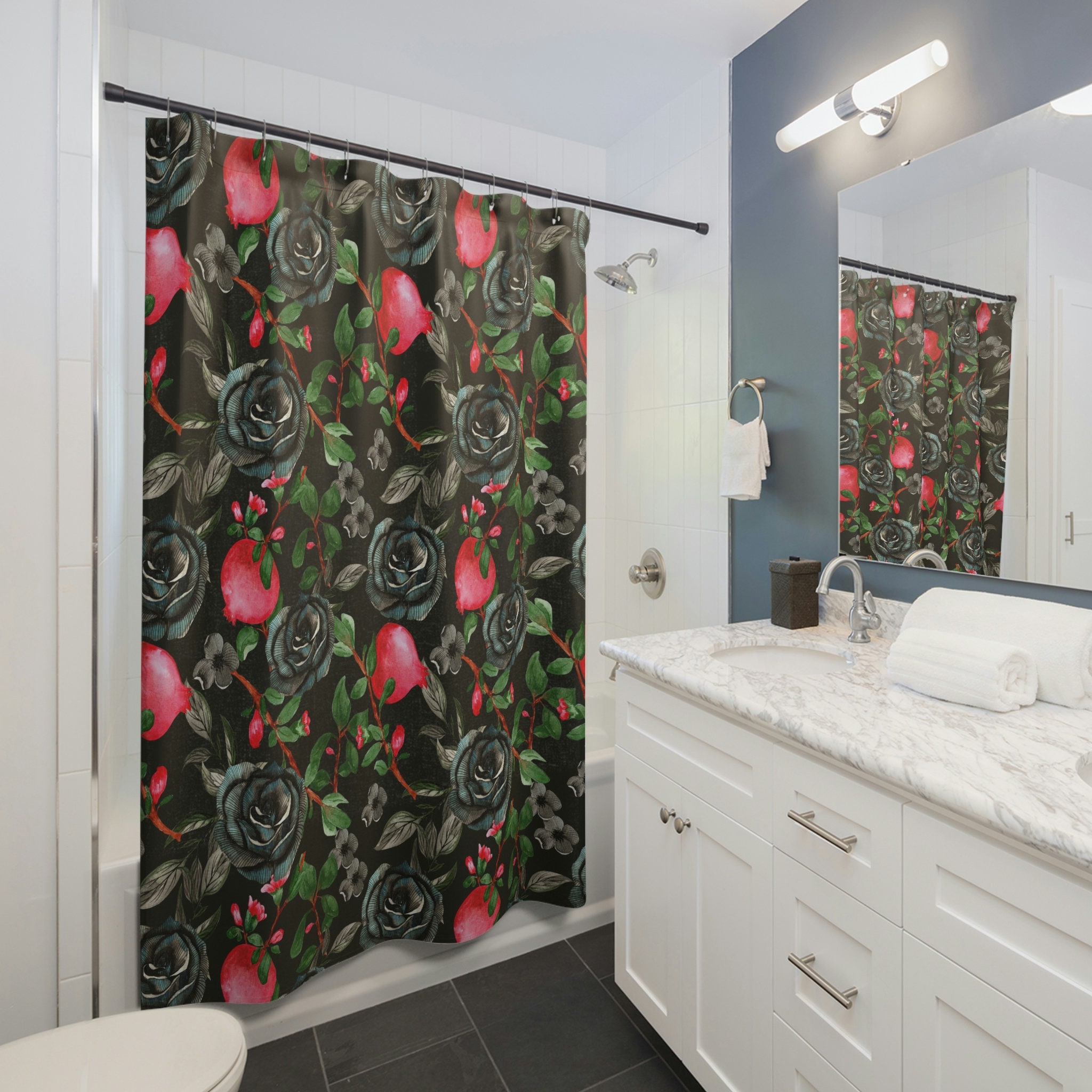 Gothic Style Pomegranate Roses Shower Curtain - Dark And Romantic Bathroom Decor