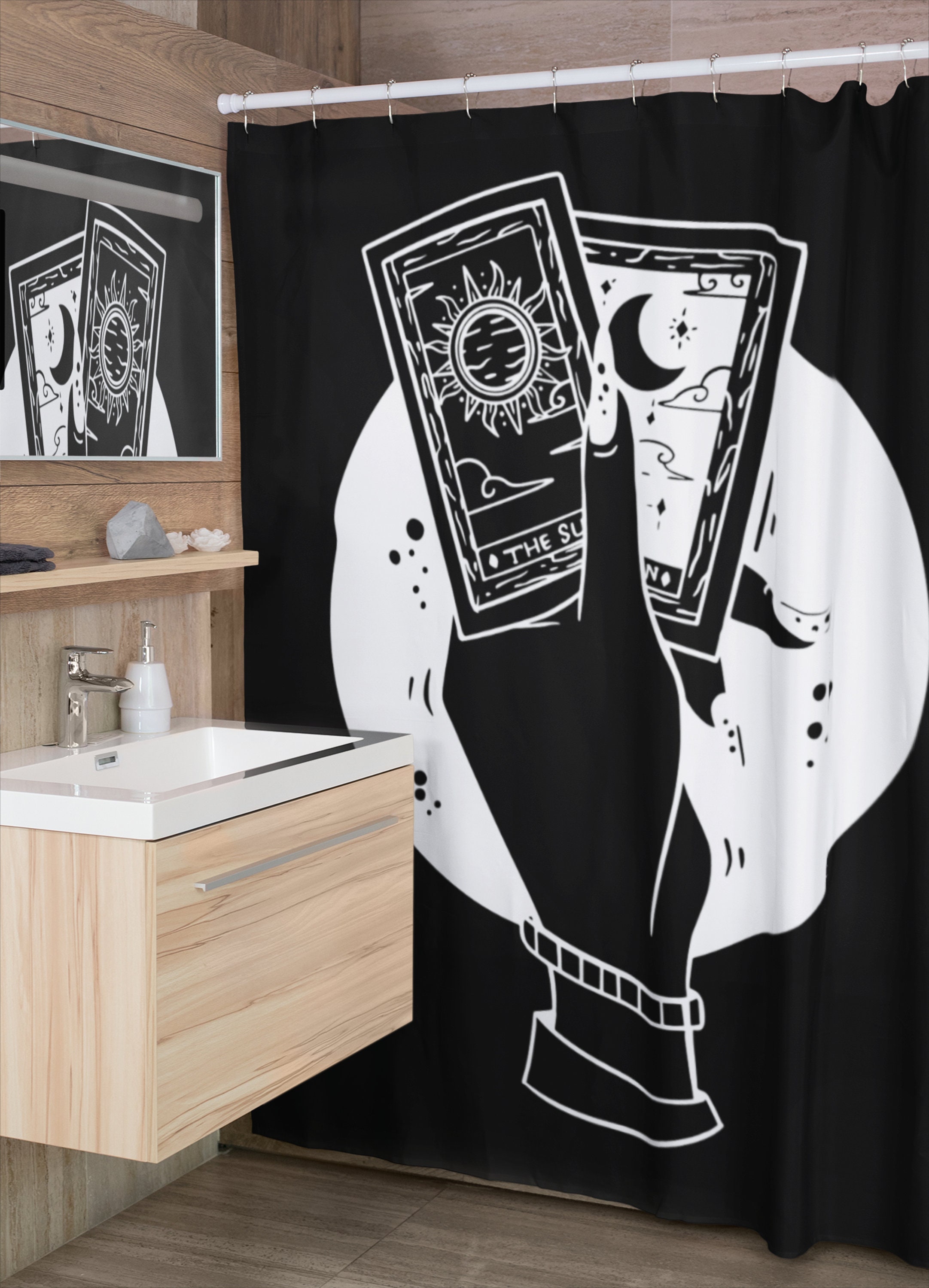 Gothic Tarot Shower Curtain With Moon And Sun Mystical Print For Bathroom