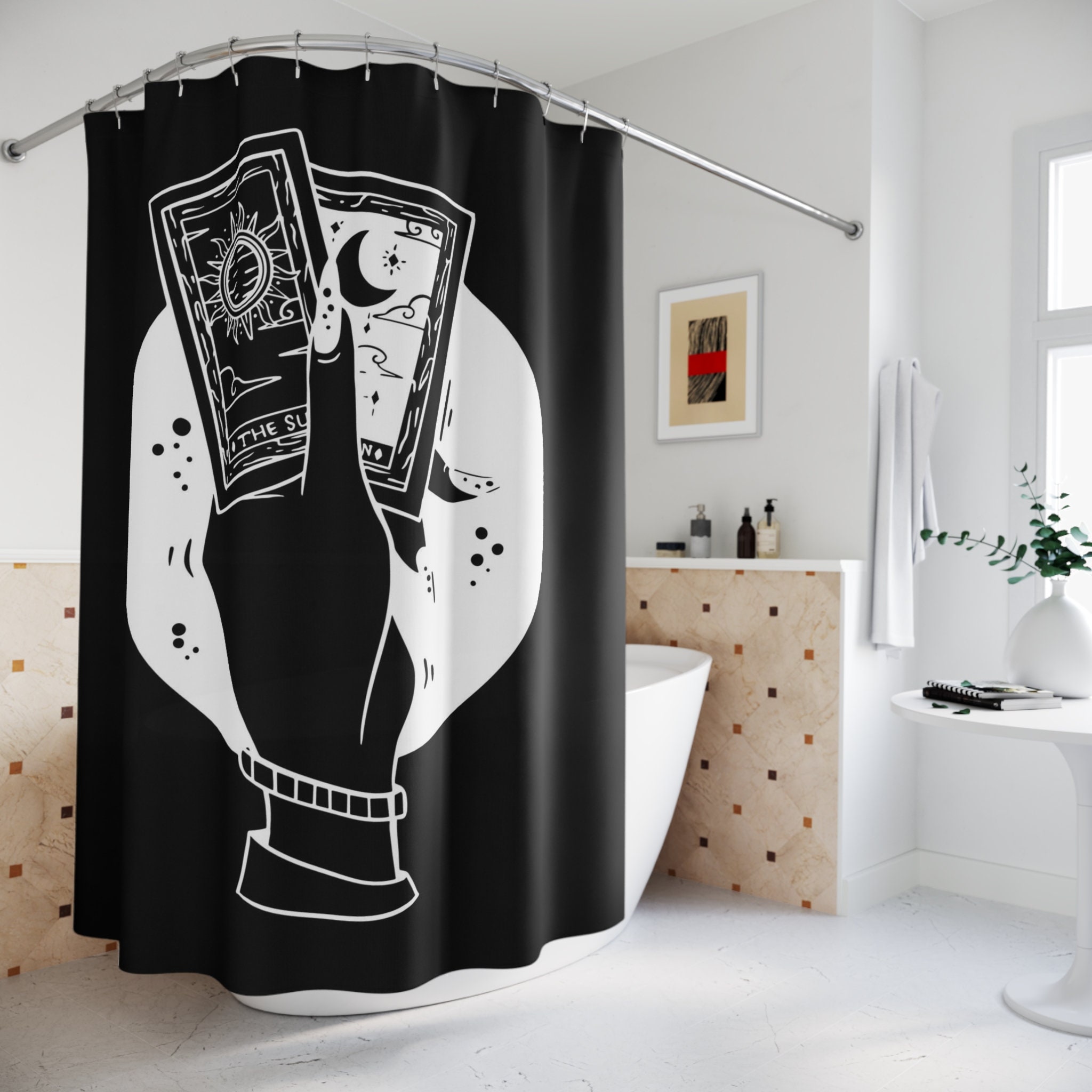Gothic Tarot Shower Curtain With Moon And Sun Mystical Print For Bathroom