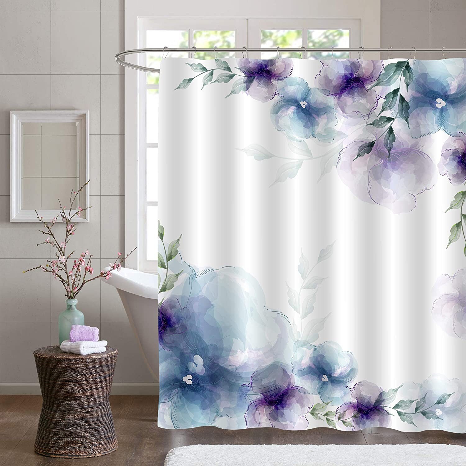 Gradient Floral Abstract Shower Curtain Elegant Plant Fabric With Flower Leaf Pattern