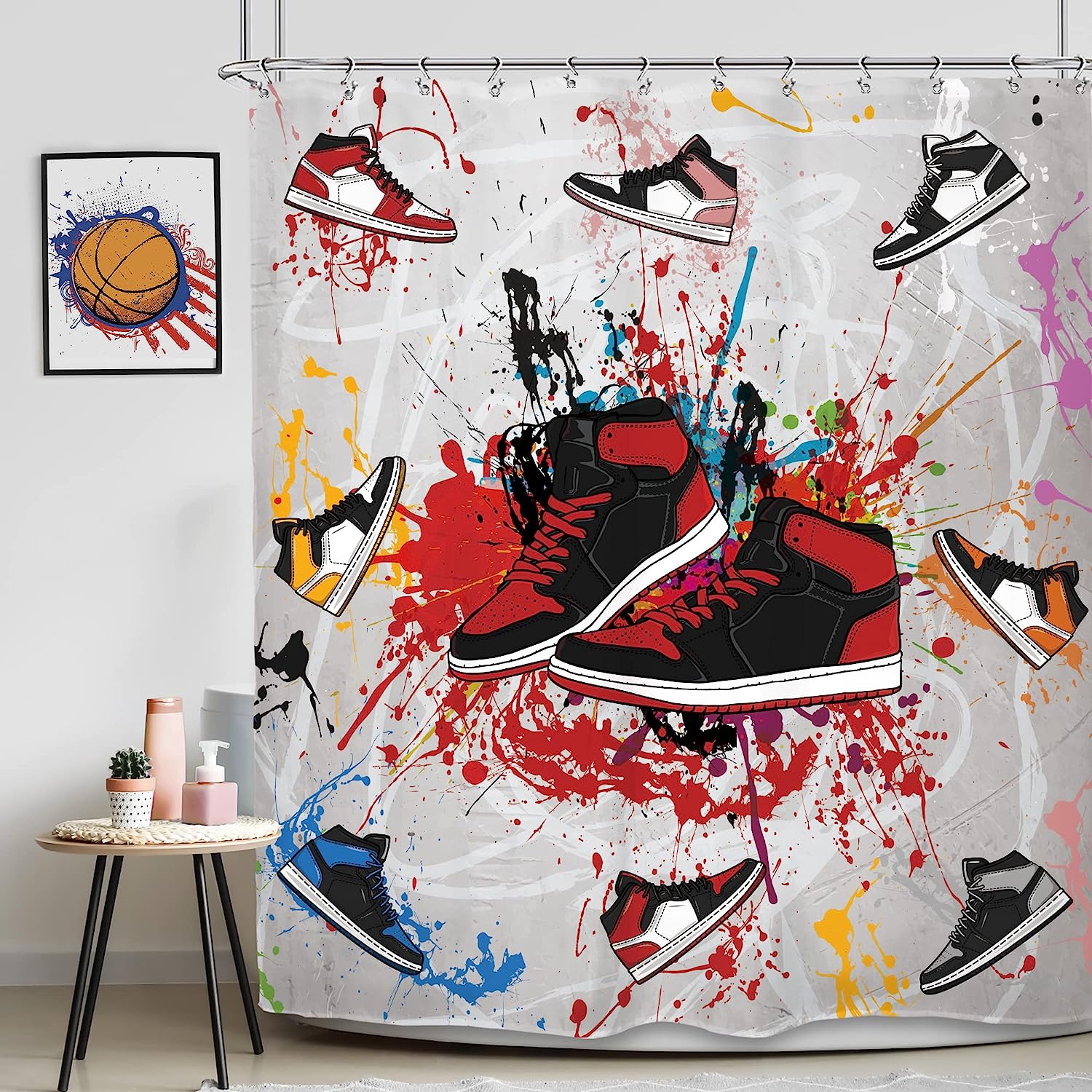 Graffiti Art Retro Basketball Print Shower Curtain for Boys Men Teens Waterproof Panels