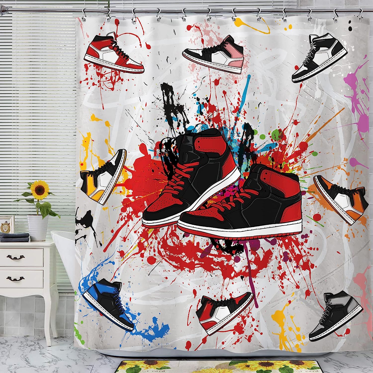 Graffiti Art Retro Basketball Print Shower Curtain for Boys Men Teens Waterproof Panels