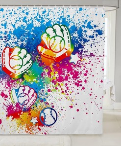 Graffiti Baseball Gloves Kids Shower Curtain, Sports Games Competition Themed Bathroom Curtain