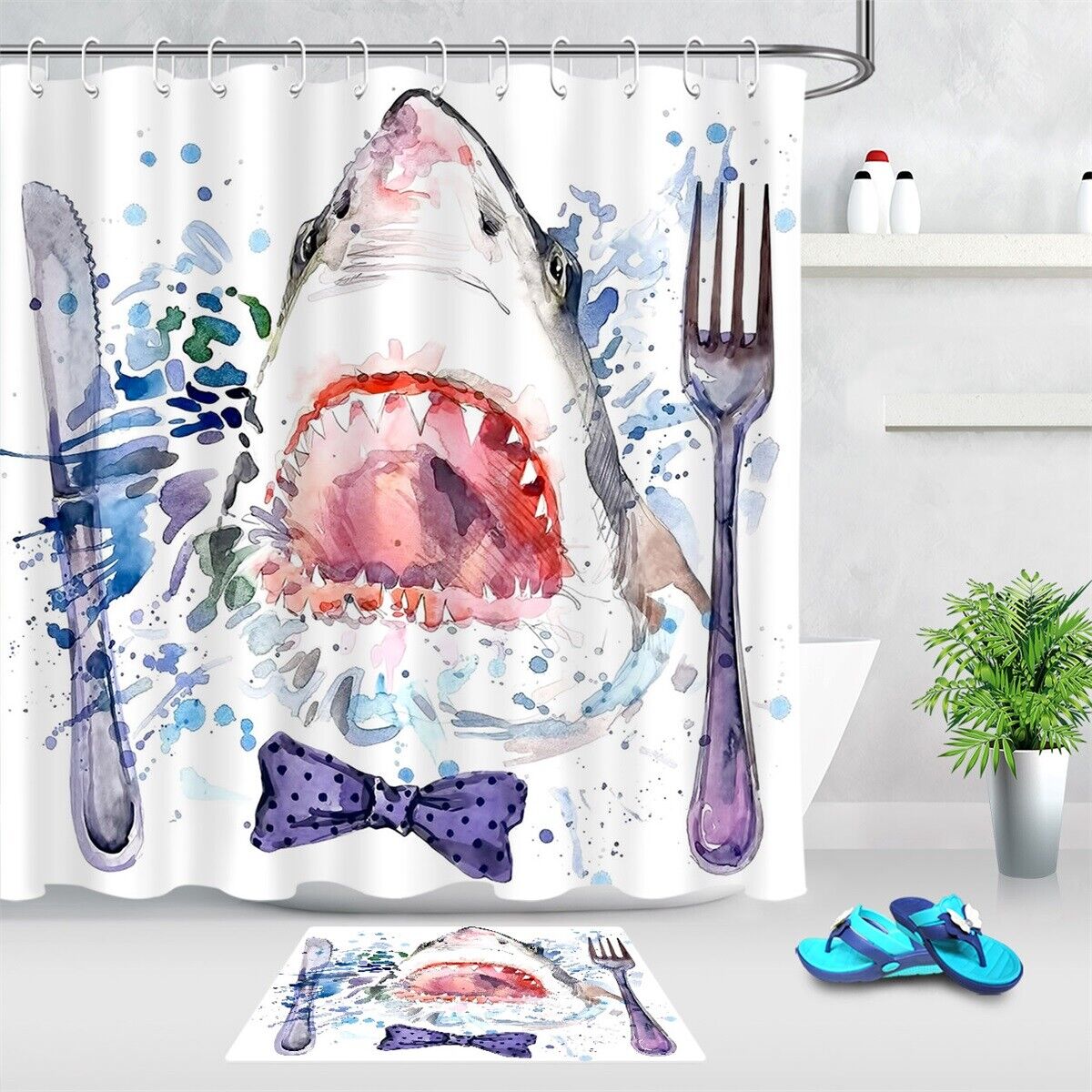 Graffiti Shark With Bow Tie Colorful Print Shower Curtain For Bathroom Decor