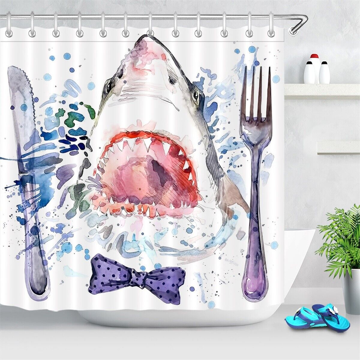 Graffiti Shark With Bow Tie Colorful Print Shower Curtain For Bathroom Decor - Image 2