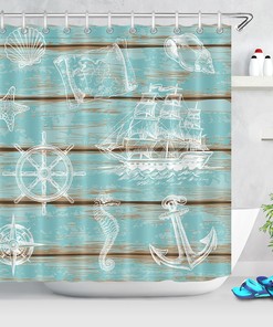 Graffiti Ship Anchor Starfish Wood Planks Shower Curtain Nautical Bathroom Decor With Street Art Style
