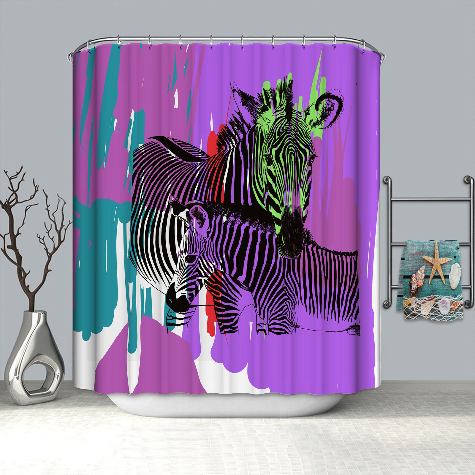 Graffiti Zebra Purple Vintage Bathroom Shower Curtain For Creative Bathroom Decor