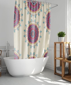 Graphic Geometric Line Flowers on Purple Mandala Floral Shower Curtain