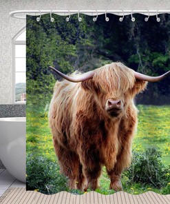 Grass And Bull Highland Cow Fabric Shower Curtain For Farmhouse Bathroom