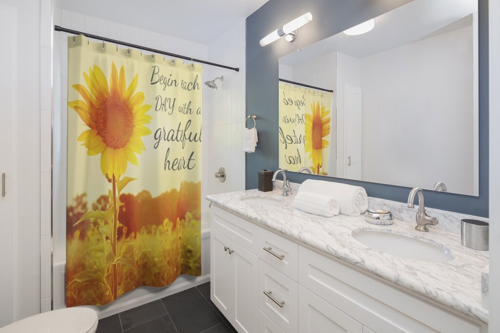 Grateful Heart Sunflower Shower Curtain for Positive Bathroom Decor