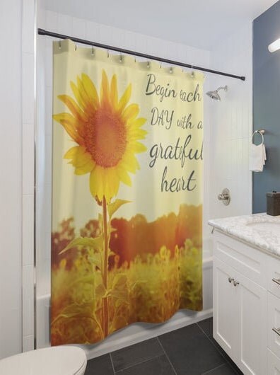 Grateful Heart Sunflower Shower Curtain for Positive Bathroom Decor