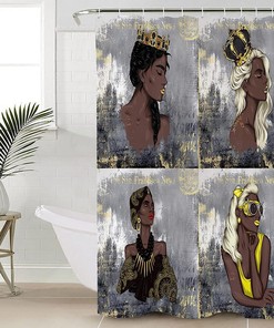 Gray Abstract Art African American Girl Shower Curtain with Golden Paint Splicing 