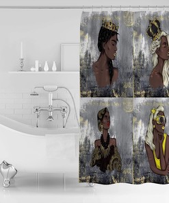Gray Abstract Art African American Girl Shower Curtain with Golden Paint Splicing