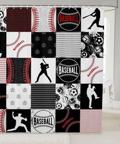 Gray And Black 3D Sports Game Cloth Fabric Baseball Bath Curtain For Kids, Perfect For A Competitive Bathroom