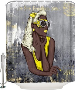 Gray And Golden Afro American Girl Shower Curtain - Modern And Aesthetic Bathroom Decor With Unique And Bold Print