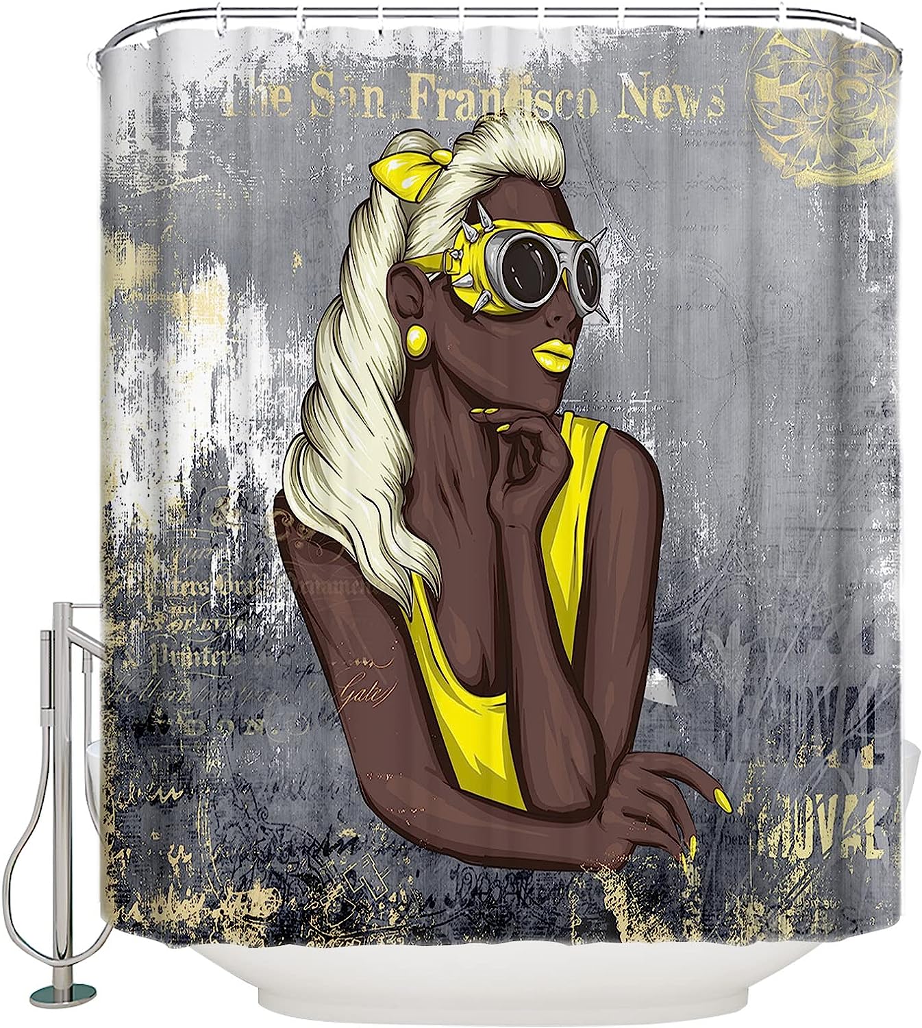 Gray And Golden Afro American Girl Shower Curtain - Modern And Aesthetic Bathroom Decor With Unique And Bold Print