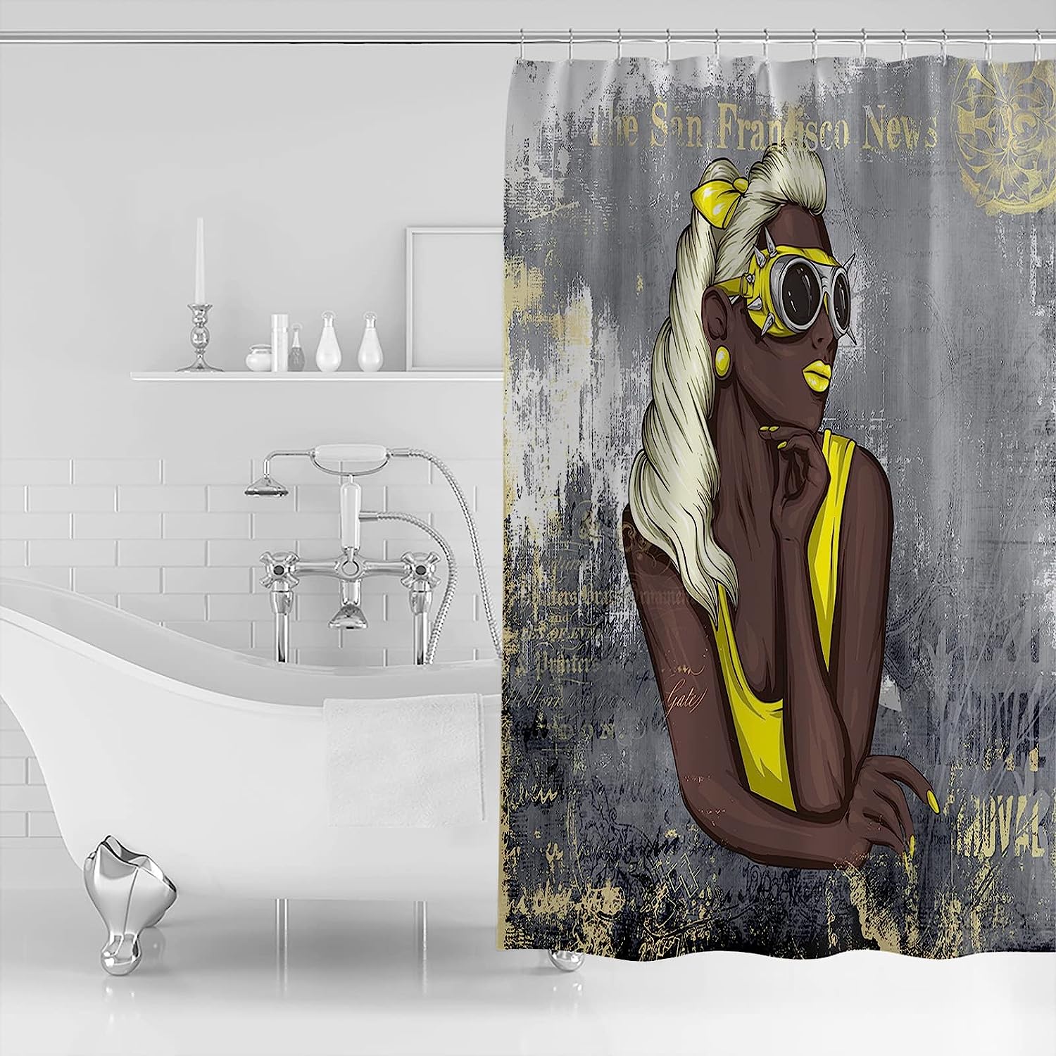 Gray And Golden Afro American Girl Shower Curtain - Modern And Aesthetic Bathroom Decor With Unique And Bold Print - Image 2