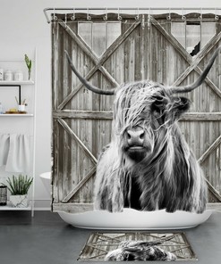 Gray Barn Door Farmhouse Highland Cow Shower Curtain For Bathroom Accessories 