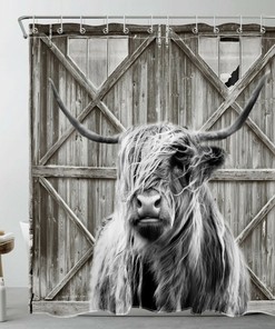 Gray Barn Door Farmhouse Highland Cow Shower Curtain For Bathroom Accessories
