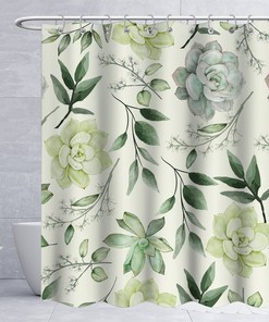 Gray Bathroom Curtain With Waterproof Fabric, Decorated With Greyish Leaves Flower Patterns 