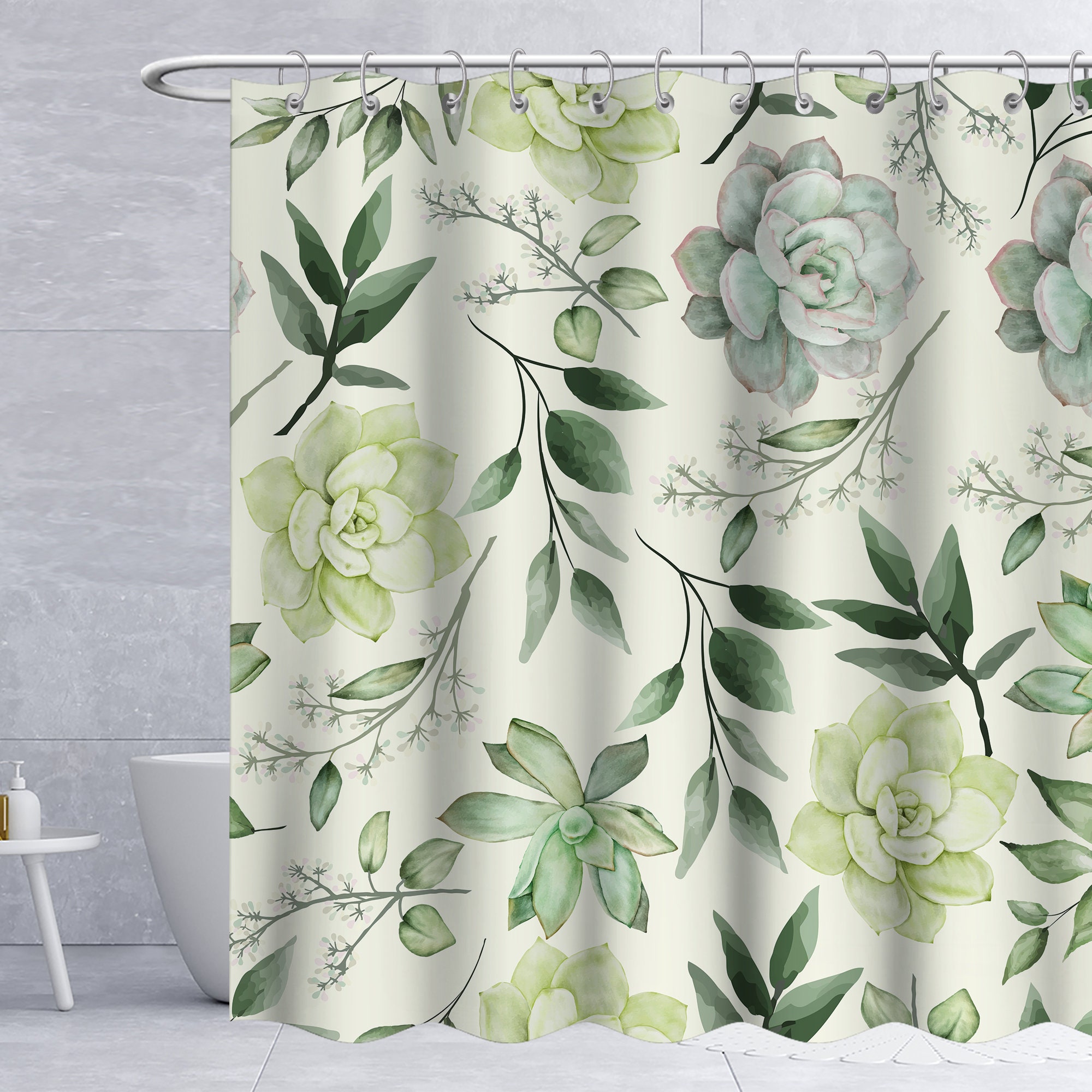 Gray Bathroom Curtain With Waterproof Fabric, Decorated With Greyish Leaves Flower Patterns