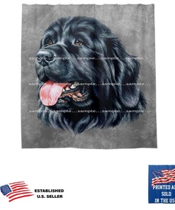 Gray Bathroom Shower Curtain with a Newfoundland Dog Portrait Art