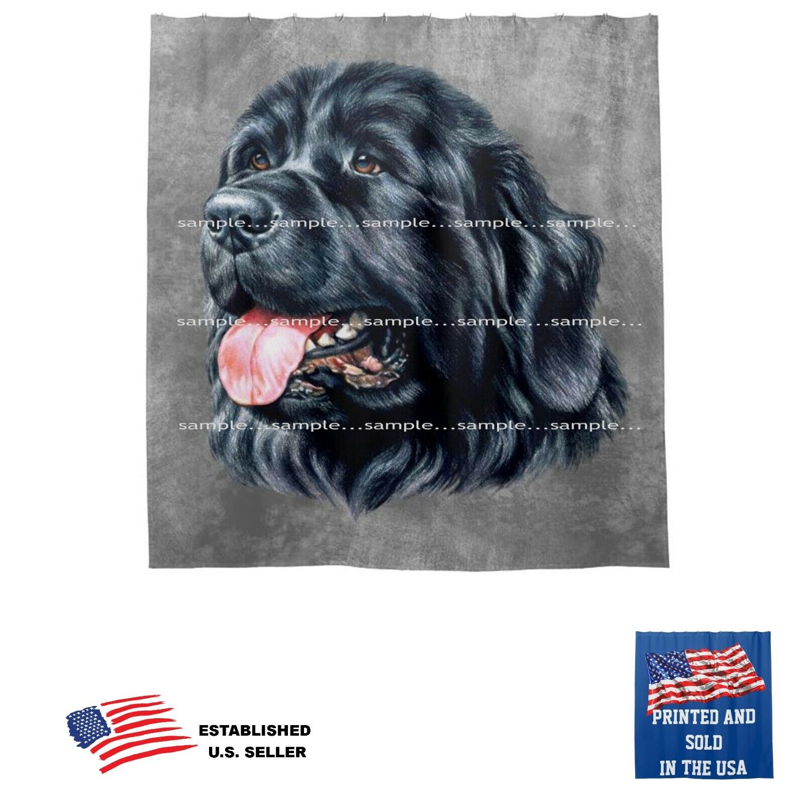 Gray Bathroom Shower Curtain with a Newfoundland Dog Portrait Art