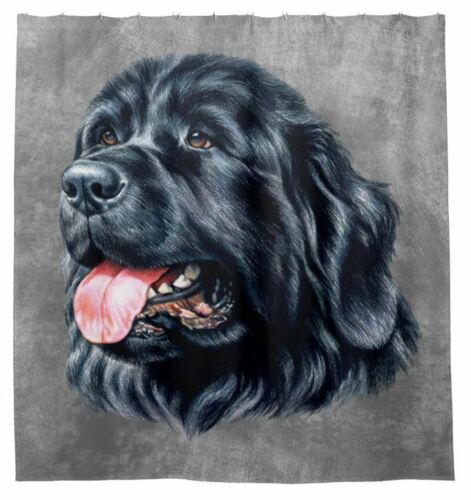 Gray Bathroom Shower Curtain with a Newfoundland Dog Portrait Art