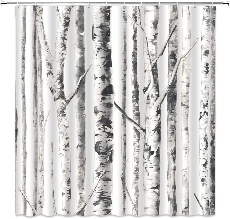 Gray Birch Trees Shower Curtain, Abstract White Trunk and Branches Bathroom Decor