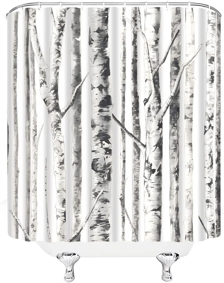 Gray Birch Trees Shower Curtain, Abstract White Trunk and Branches Bathroom Decor