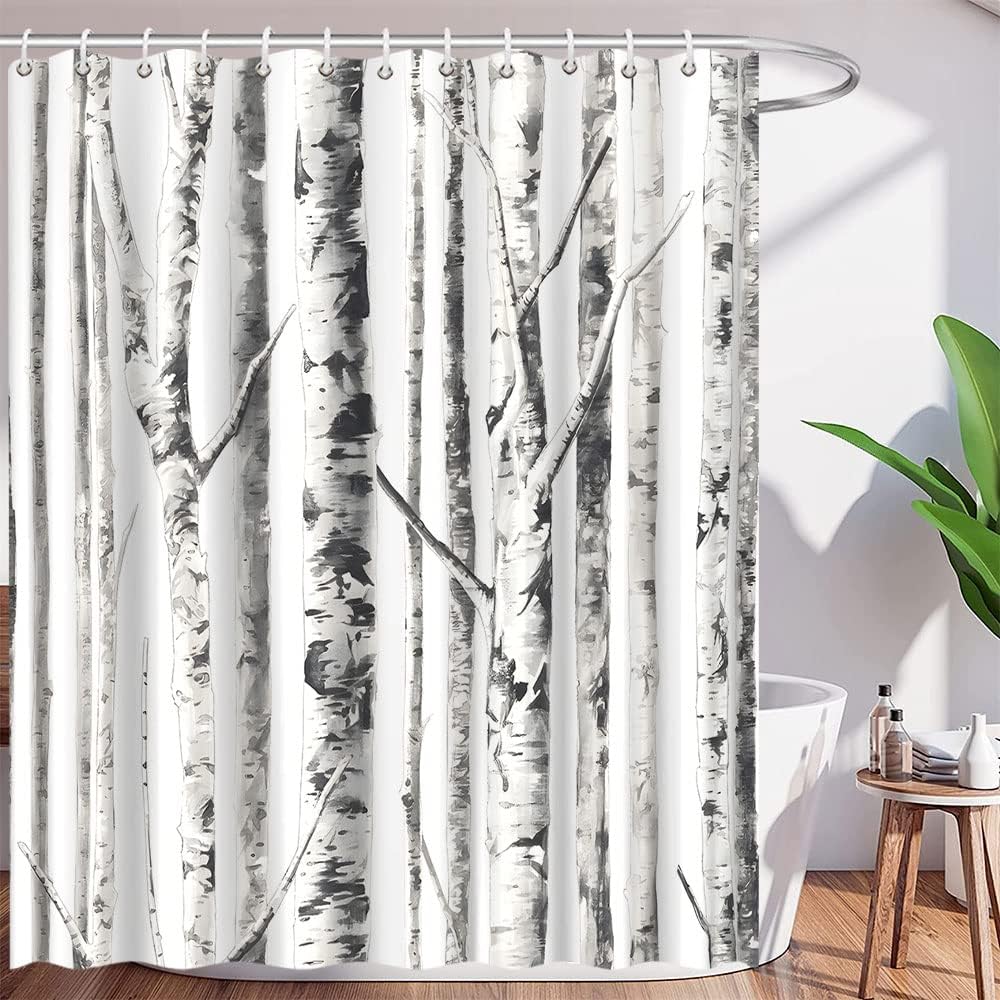 Gray Birch Trees Shower Curtain, Abstract White Trunk and Branches Bathroom Decor