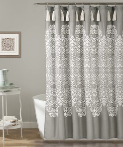 Gray Bohemian Damask Print Lush Decor Shower Curtain with Tassels for the Bathroom