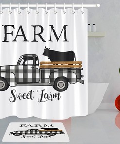 Gray Checkered Truck Animals Cow Print Shower Curtain for Sweet Farm Bathroom Decor