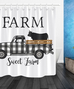 Gray Checkered Truck Animals Cow Print Shower Curtain for Sweet Farm Bathroom Decor