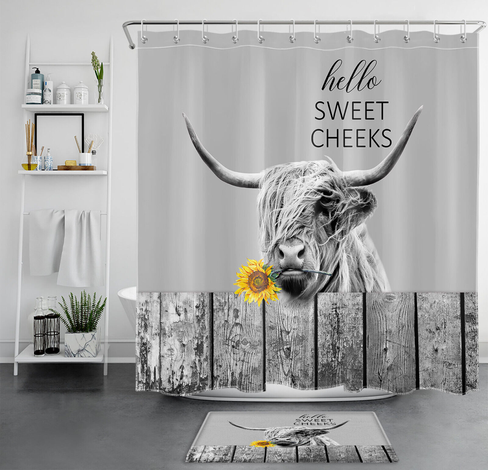 Gray Cow and Sunflower West Country Shower Curtain for a Rustic and Cozy Vibe