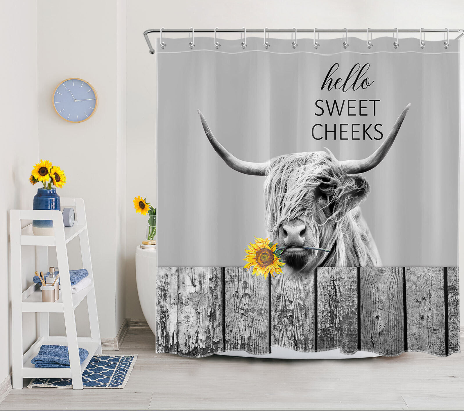 Gray Cow and Sunflower West Country Shower Curtain for a Rustic and Cozy Vibe