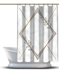 Gray Diamond Frames and Leaves Shower Curtain for Bathtub, Geometric Printed and Waterproof